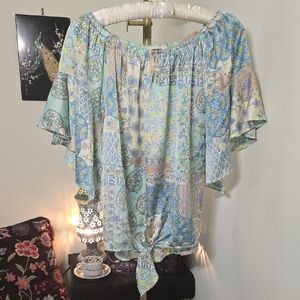 ADORA Blue Patchwork Print Tie Front Blouse